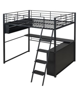Full Size Metal Loft Bed with LED Desk and 4 Storage Shelves Black