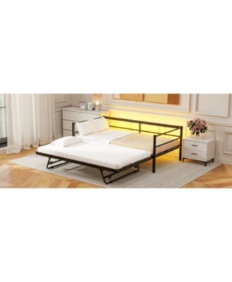 Twin Size Metal Daybed with LED and Adjustable Trundle Pop Up Trundle