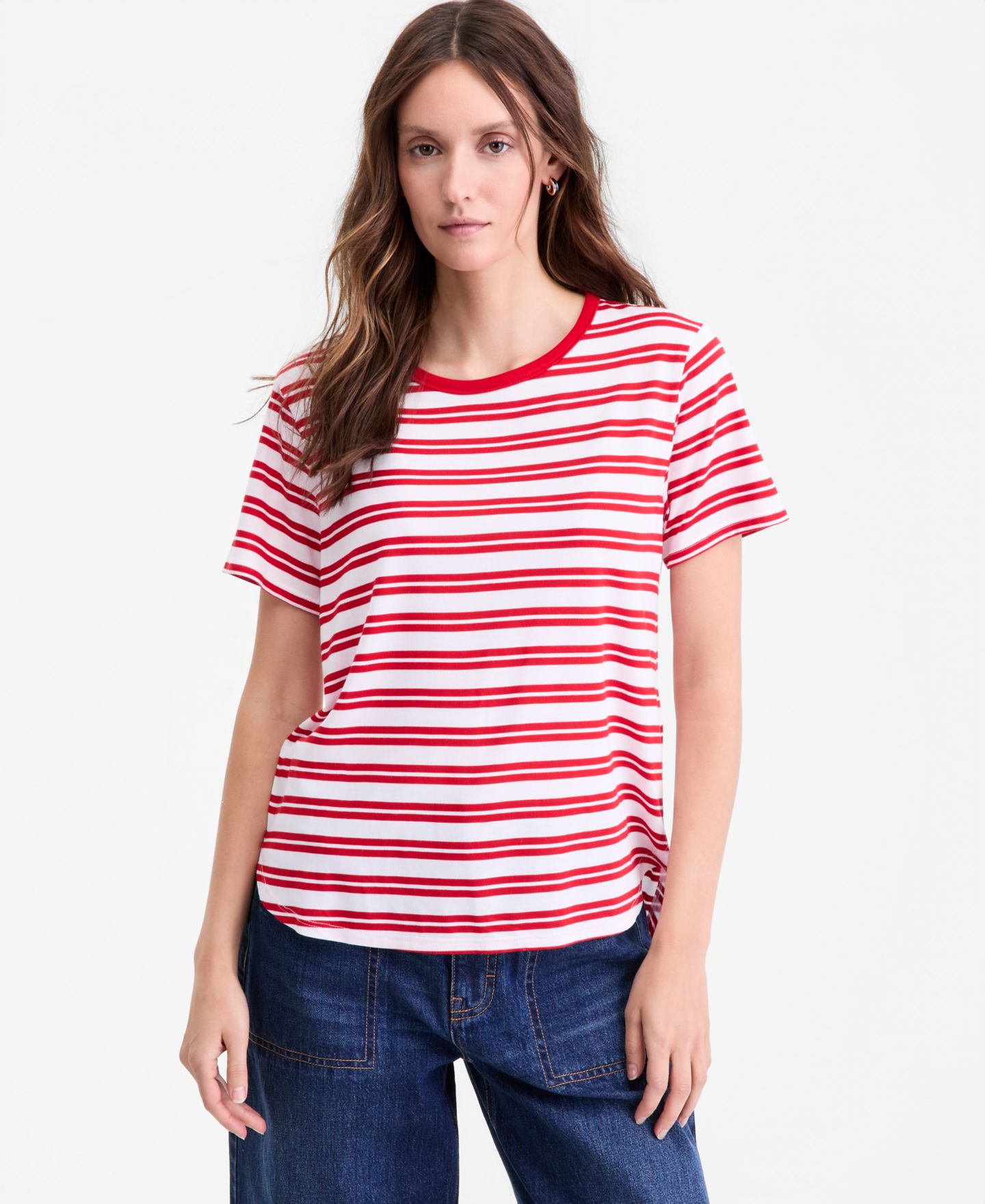 Женская футболка On 34th Striped Curved-Hem, цвет: Белый красный комбинированный — фото 1