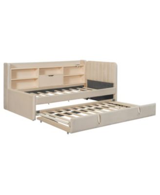 Twin Size Upholstered Daybed with Trundle Storage Shelves USB & Outlet