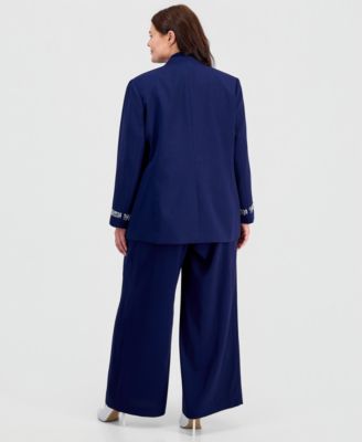 Plus Size Collarless Open-Front Jacket and High-Rise Wide-Leg Pull-On Pants