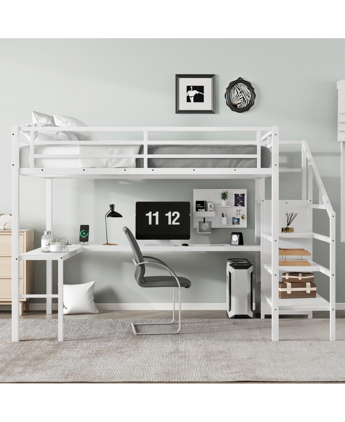Streamdale Furniture Queen Loft Bed with Desk Wardrobe & Led
