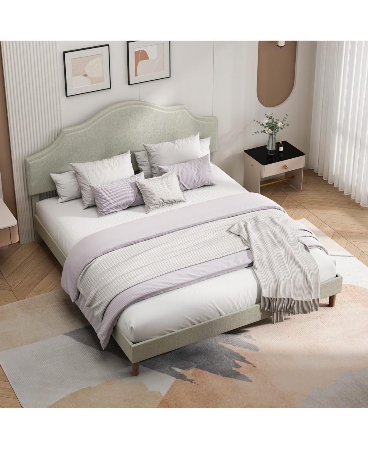 Streamdale Furniture King Upholstered Platform Bed with Adjustable Headboard Beige