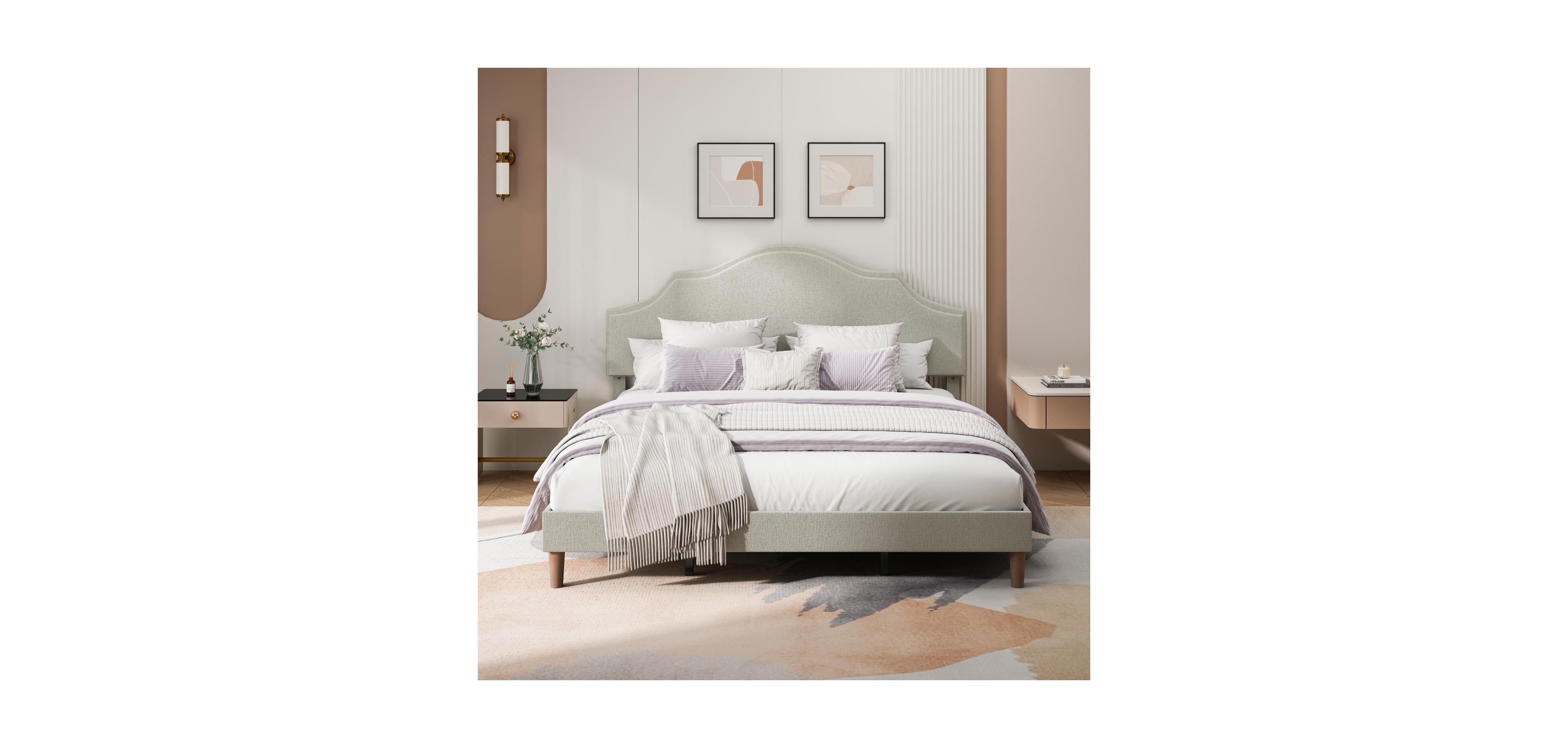 Streamdale Furniture King Upholstered Platform Bed with Adjustable Headboard Beige
