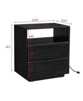 Mid Century Modern Nightstand with Charging Station & Drawers Black