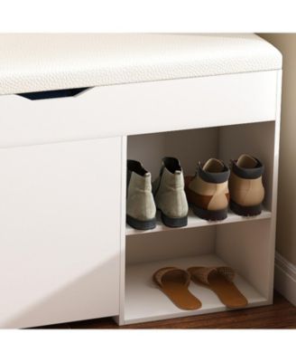 Entryway Bench Shoe Storage Flip-Up Drawers Hidden Cabinet White