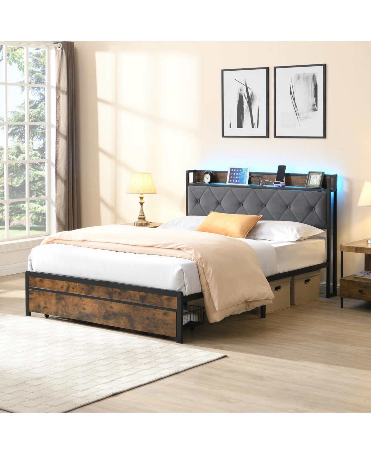 Streamdale Furniture Led Bed Frame with Storage Drawers & Usb Charging