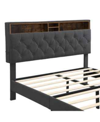Queen Upholstered Platform Bed Frame with USB Ports