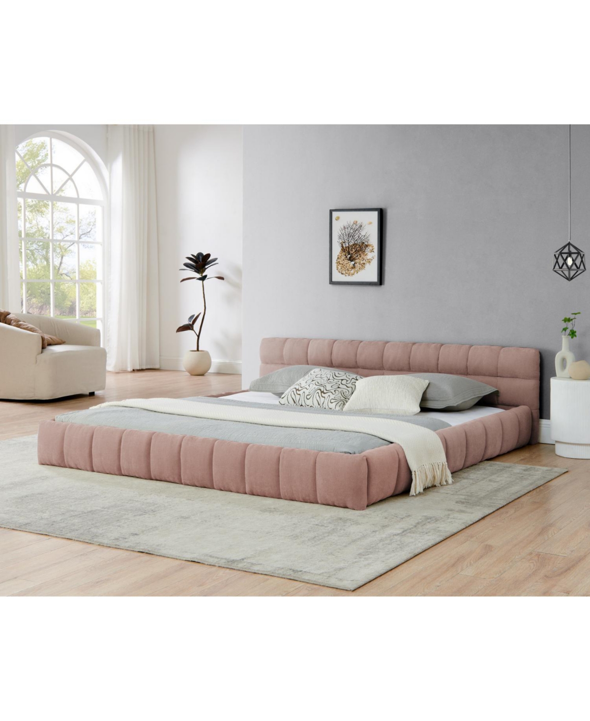 Streamdale Furniture King Upholstered Platform Bed Frame with Headboard - Pink