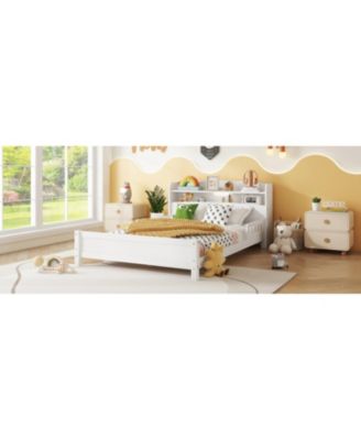 Pine Wood Bed with Bookcase Headboard LED & Guardrails White