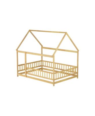 Full Size House Floor Wooden Bed with Roof Frame Safety Guardrails Natural