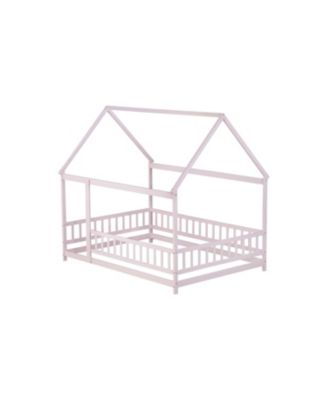 Full Size House Floor Wooden Bed with Roof Frame Safety Guardrails