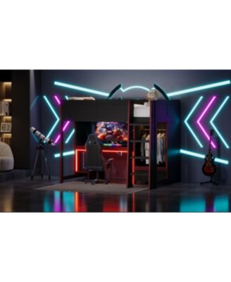 Black Twin Gaming Loft Bed w/ Desk, Wardrobe & LED