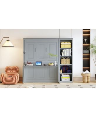 Full Size Murphy Bed with Desk and Bookshelf, Gray