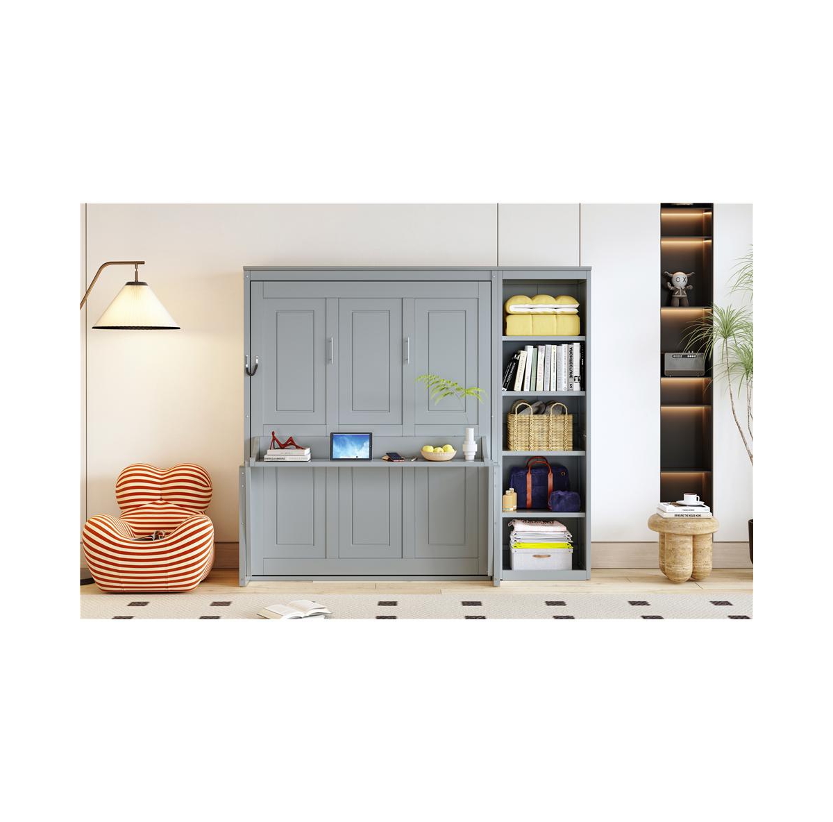 Streamdale Furniture Full Size Murphy Bed with Desk and Bookshelf, Gray