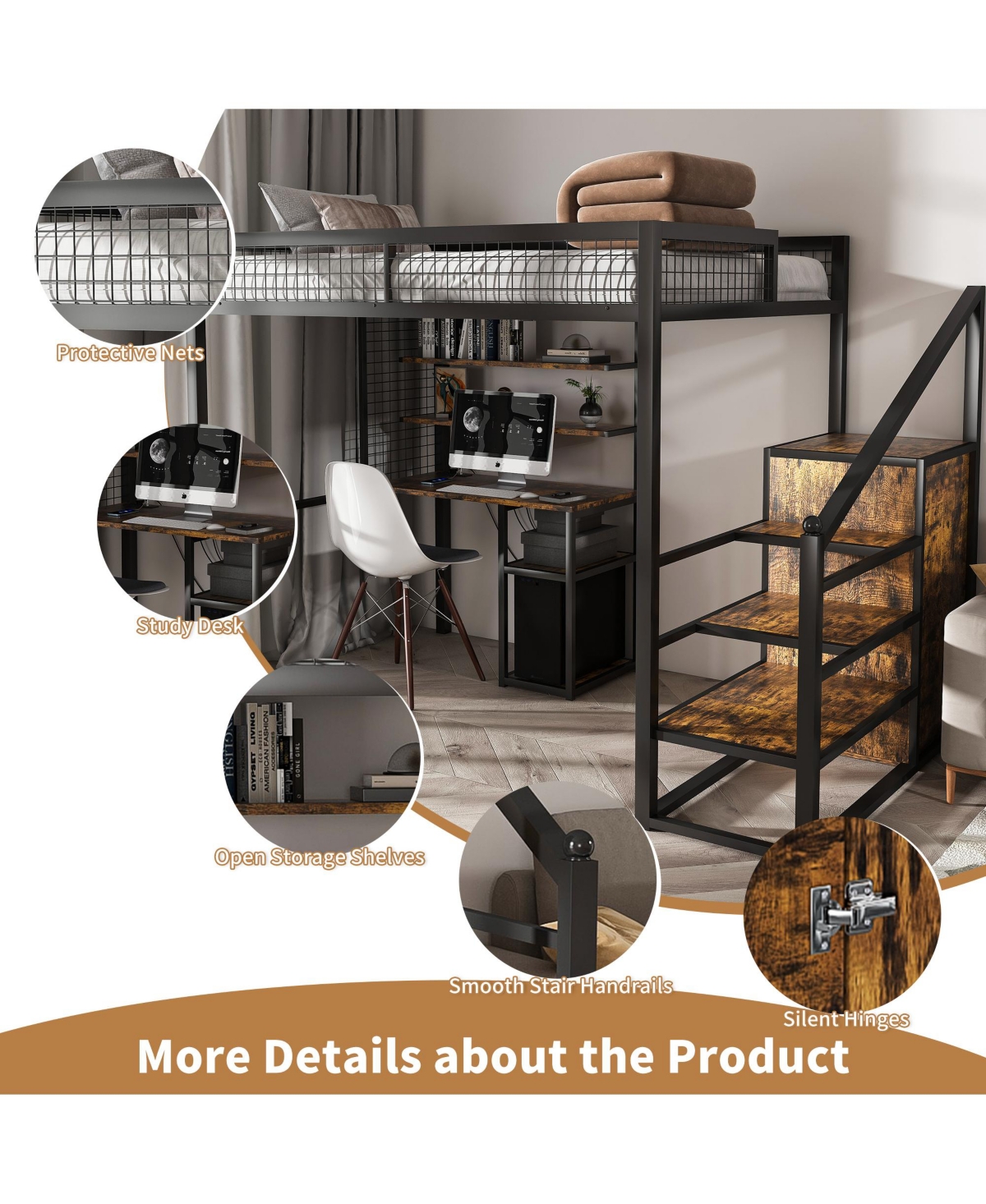 Streamdale Furniture Loft Bed w/Desk & Wardrobe - Metal Frame, Stairs, Storage