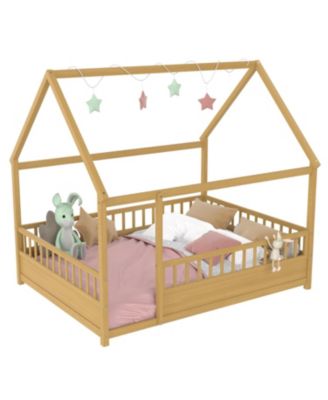  Wooden House Bed with Fence (Full, Natural)