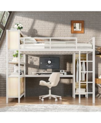 Metal Queen Loft Bed with Wardrobe, Desk & Storage