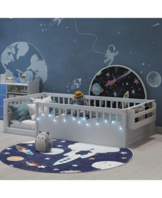 Twin Montessori Floor Bed with Rails, Shelf, Light