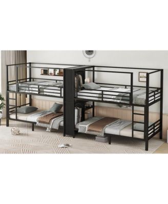 Twin Quad Metal Bunk Bed w/ Storage & Wardrobe - Black