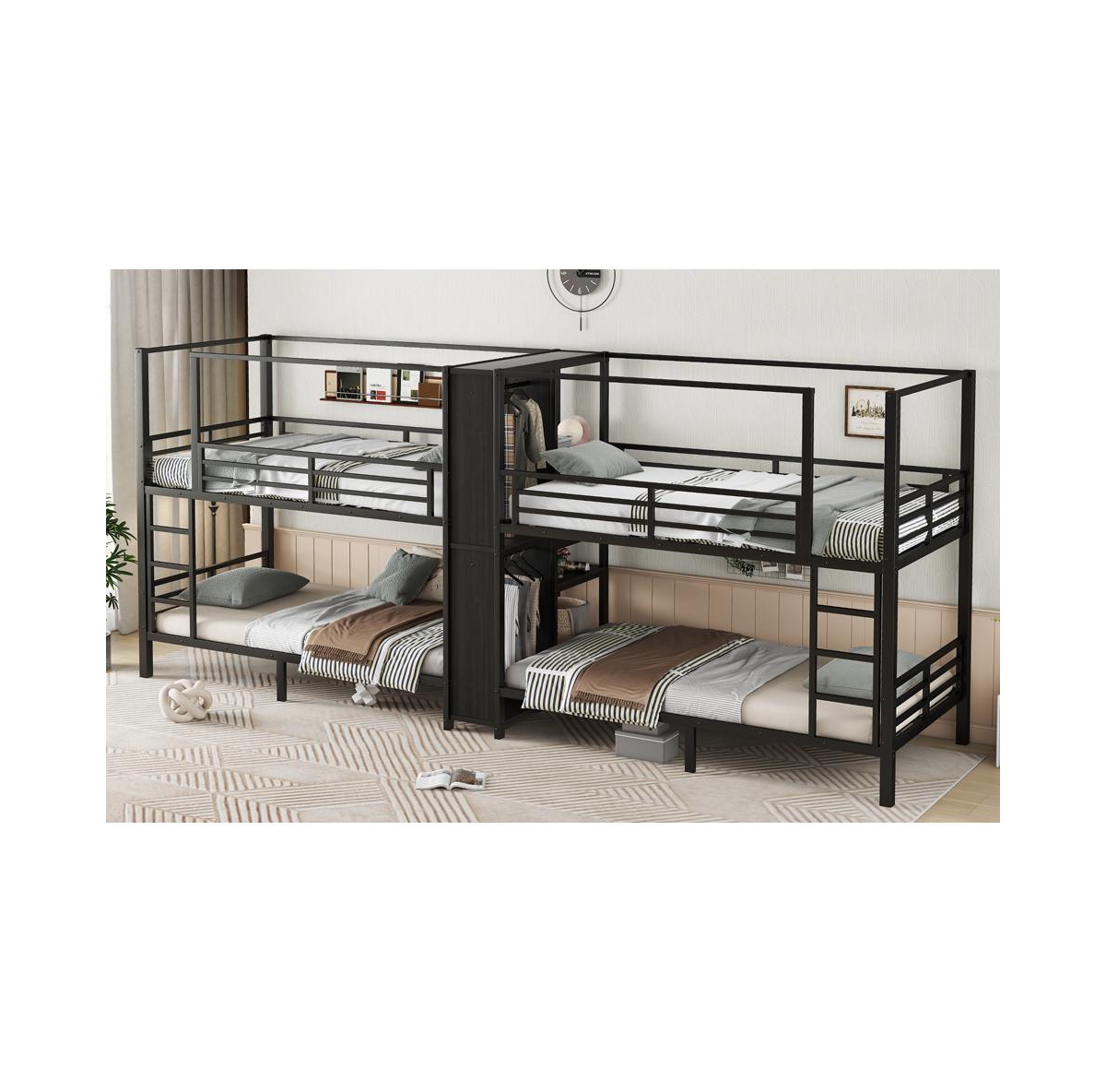 Streamdale Furniture Twin Quad Metal Bunk Bed w/ Storage & Wardrobe - Black
