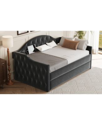 Twin Tufted Velvet Daybed with Trundle, USB Ports, Black