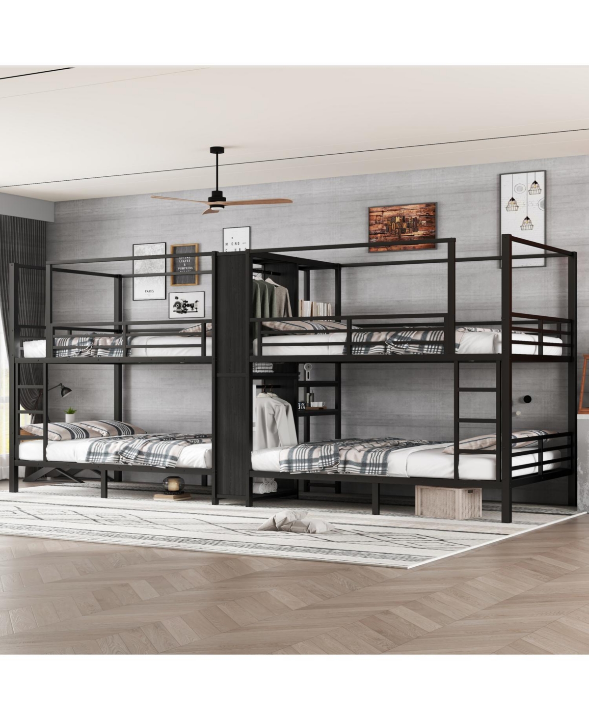 Streamdale Furniture Quadruple Metal Bunk Bed w/ Storage & Wardrobe