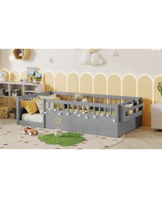 Montessori Floor Bed with Rails, Shelf & Light