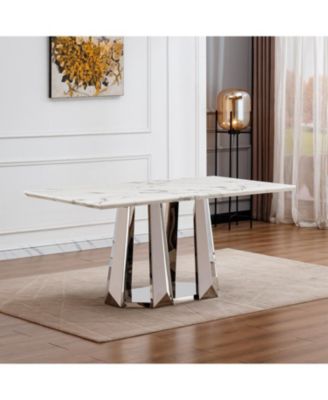 70" Faux Marble Dining Table, Mirrored Base