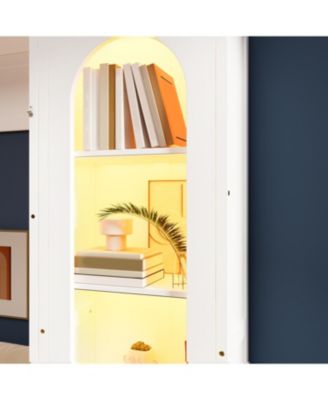 Queen Size Murphy Platform Bed with Shelf, Side Cabinets, Drawers and LED, White