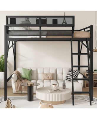 Queen Loft Bed with Shelves, Metal Frame