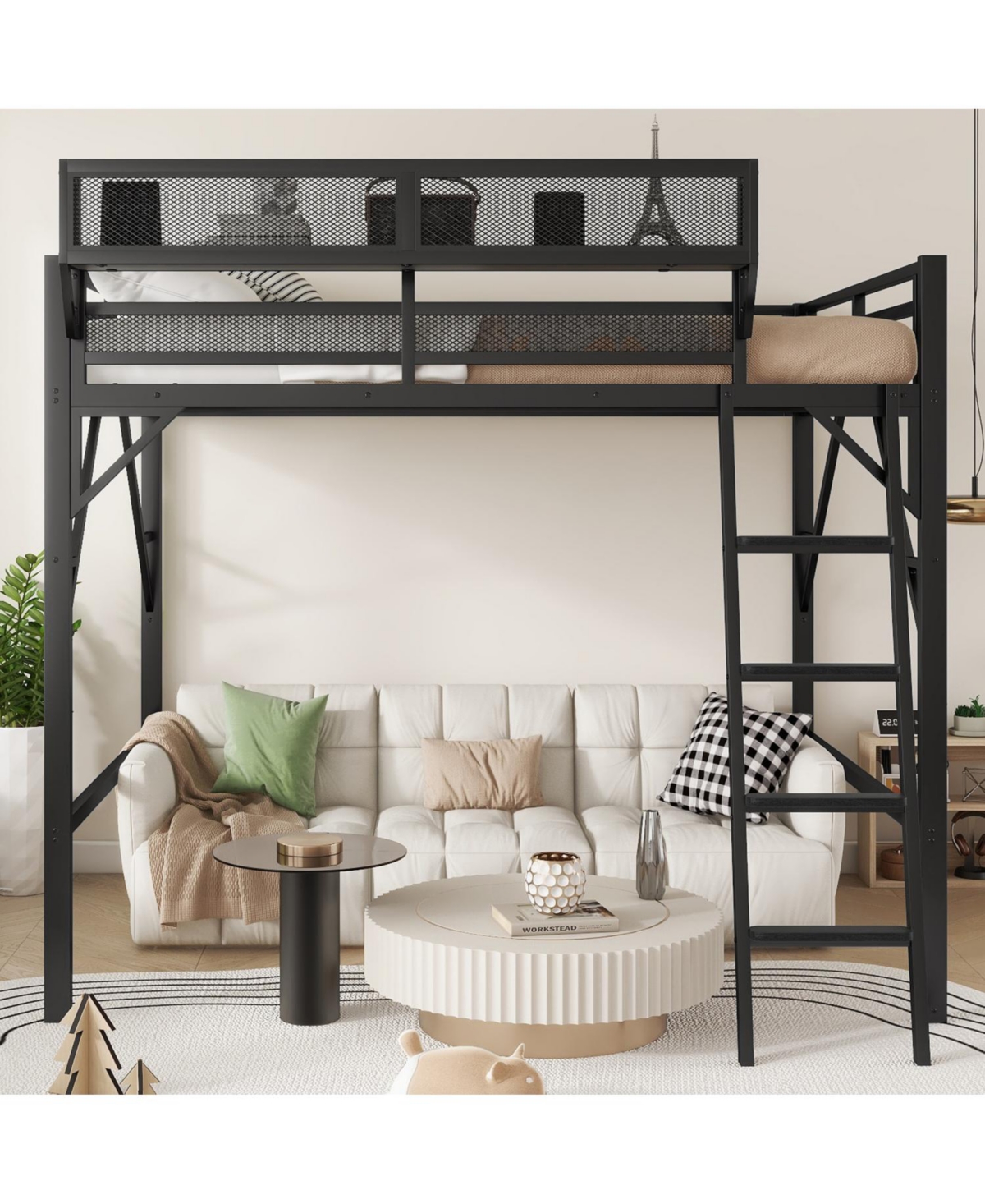 Streamdale Furniture Queen Loft Bed with Shelves, Metal Frame