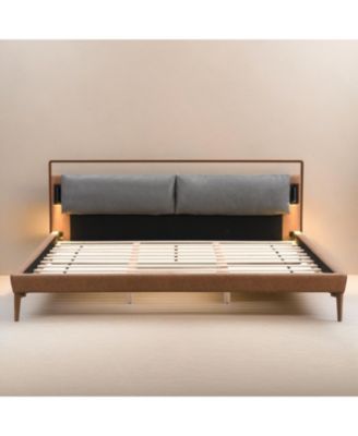 Streamdale Brown&Gray Leather King Bed with 2pcs Night Lights