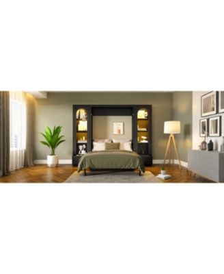 Streamdale Queen Size Murphy Platform Bed with Shelf, Side Cabinets, Drawers and LED, Black