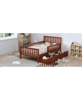 Twin Wood Platform Bed with Guardrails & Storage - Walnut