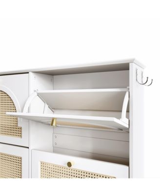Streamdale Mid-Century Narrow Shoe Cabinet - 4 Flip Drawers, Rattan Doors, Hooks
