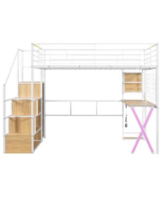 Metal Loft Bed with Work Station, Wardrobe & Storage Staircase, White