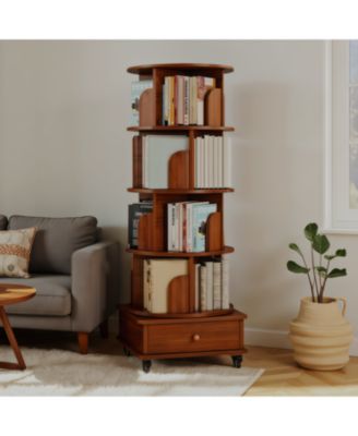 Rotating 5-Tier Corner Bookshelf with Drawer (Walnut)