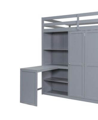 Full Size Loft Bed with Wardrobe, Desk and Shelves, Gray(OLD-LT000679AAE)