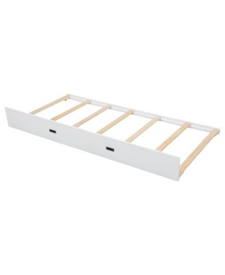 Wood Queen Size Bunk Bed with Ladder and Trundle, White