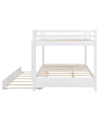 Wood Queen Size Bunk Bed with Ladder and Trundle, White
