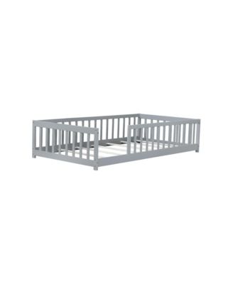 Twin Floor Bed with Fence, Rubber Wood, Grey