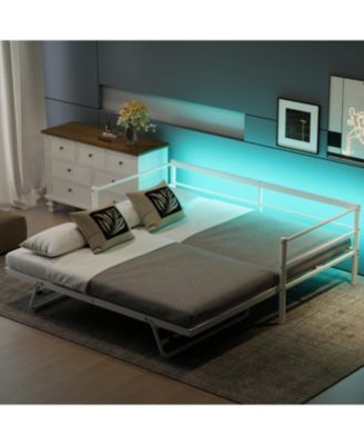 Twin Size Metal Daybed with LED and Adjustable Trundle, Pop Up Trundle