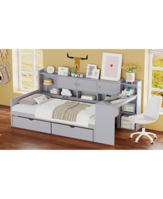 Twin Daybed with Storage, Desk & Bookshelf - Gray