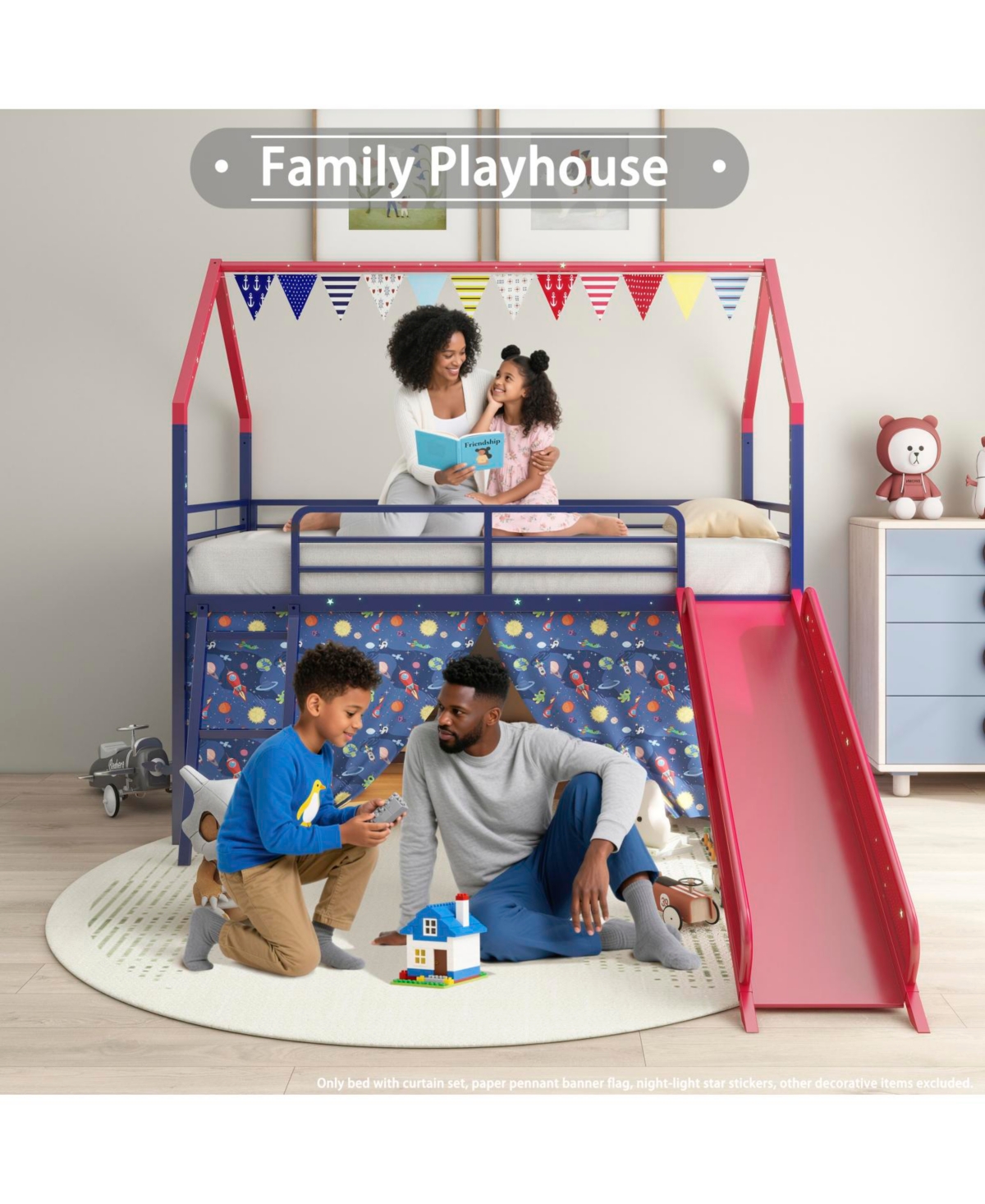 Streamdale Furniture Jack Metal Twin Loft Bed w/ Slide & Curtain - Navy/Red