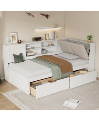 Wooden Twin L-Shaped Daybed with Storage, Bookcase & USB, White