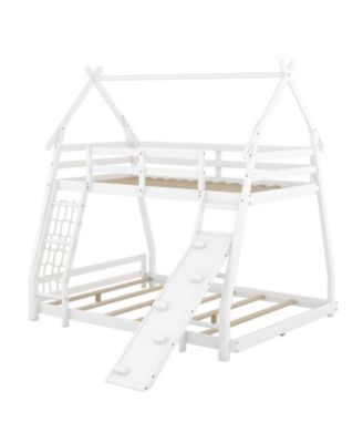 Twin over Queen House Bunk Bed with Climbing Nets and Climbing Ramp, White