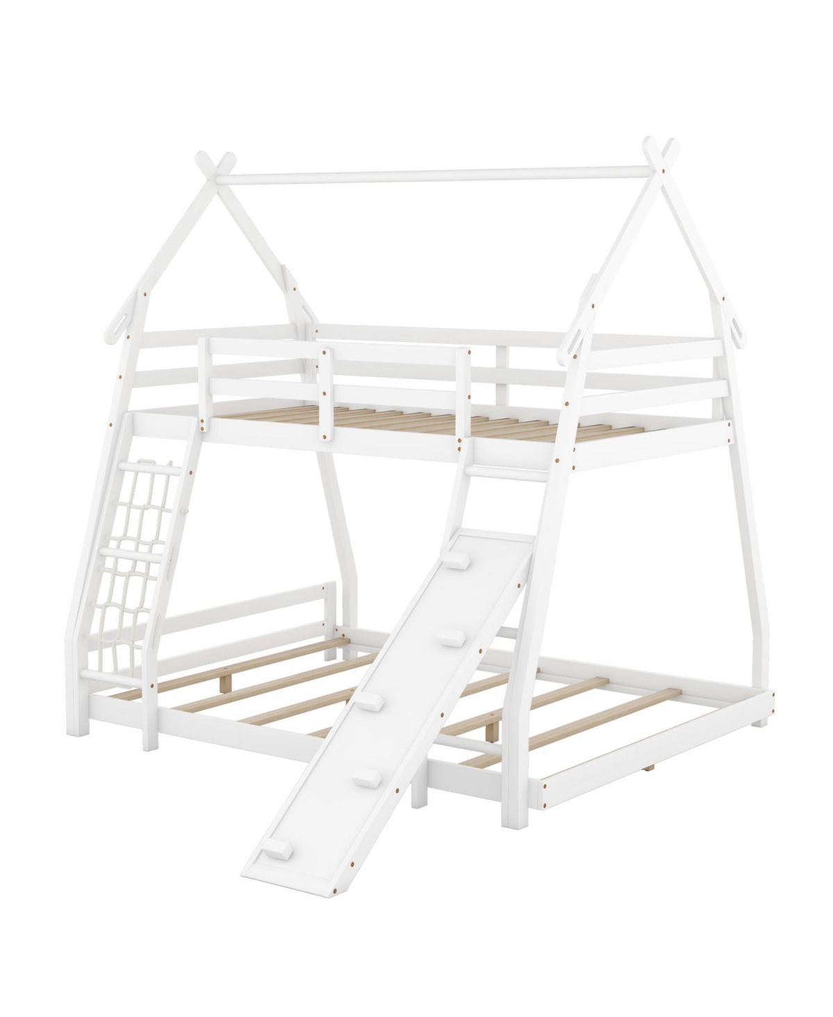 Streamdale Furniture Twin over Queen House Bunk Bed with Climbing Nets and Climbing Ramp, White