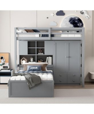 Twin Bunk Bed with Drawers, Wardrobe, Storage Shelves and Hydraulic Bed,Gray