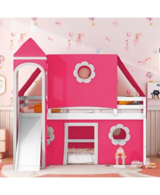  Full Size Loft Bed with Slide Pink Tent and Tower - Pink